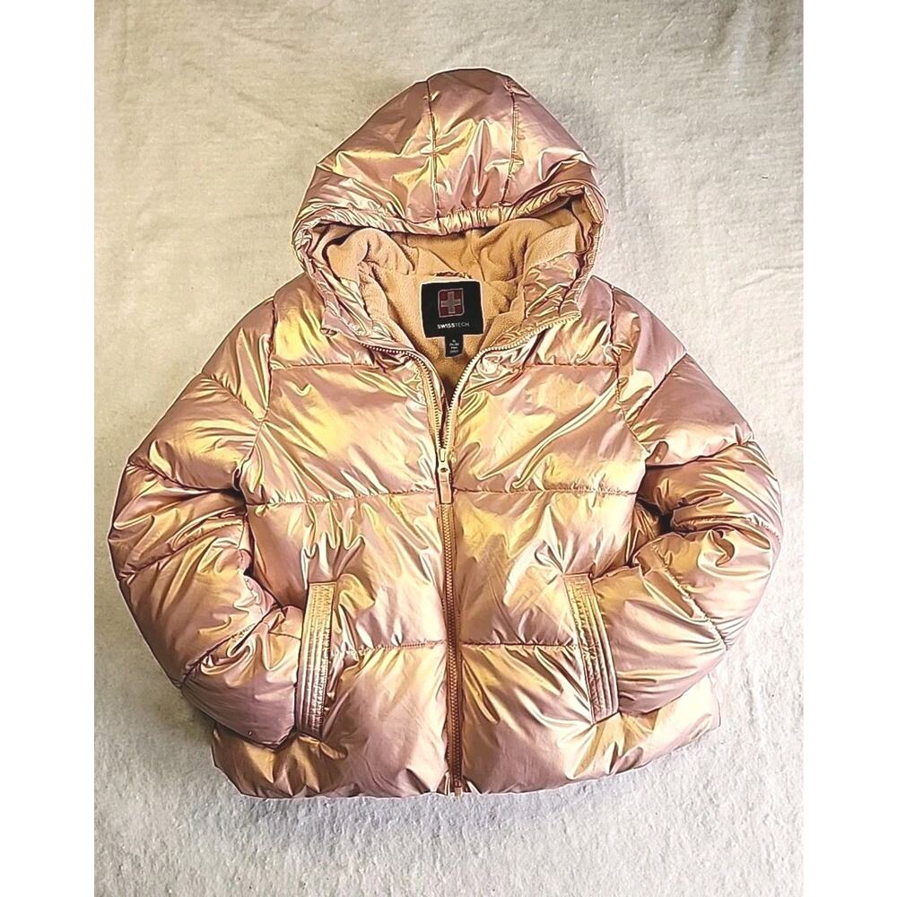 Swiss Tech Girls Pink Rose Gold Puffer Jacket XL (14-16) Hooded Front Pockets